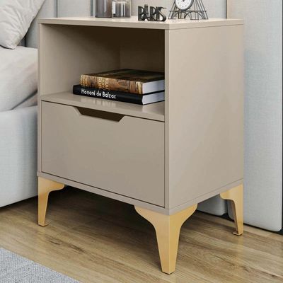 Mesa de Cabeceira Moderna Gaveta Nicho Corrediça Telescópica Puxador Cava Off White 1 MDF