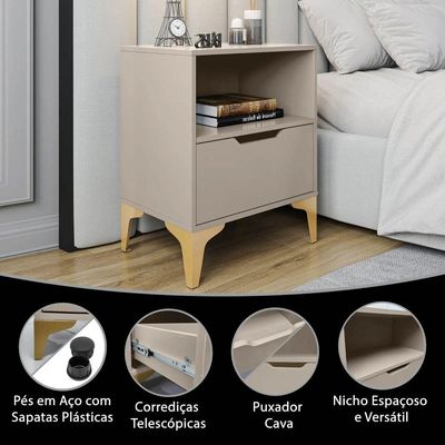 Mesa de Cabeceira Moderna Gaveta Nicho Corrediça Telescópica Puxador Cava Off White 1 MDF