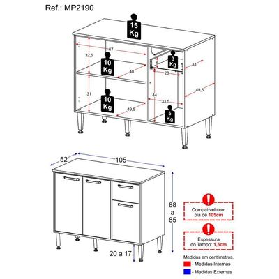 Balcão De Cozinha Gabinete Pia 105cm 3 Portas 1 Gaveta Siena Multimóveis Mp2190 Branco Branco