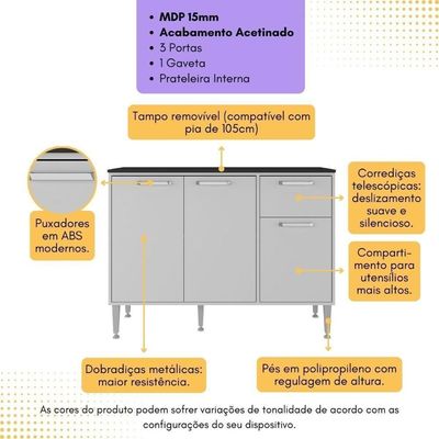 Balcão De Cozinha Gabinete Pia 105cm 3 Portas 1 Gaveta Siena Multimóveis Mp2190 Branco Branco