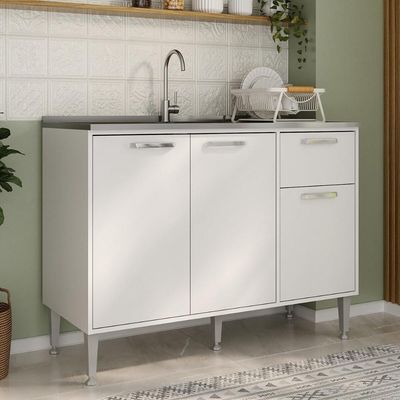 Balcão De Cozinha Gabinete Pia 105cm 3 Portas 1 Gaveta Siena Multimóveis Mp2190 Branco Branco