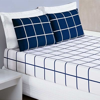 Jogo de Lençol Minimalista Casal Padrão 3 Peças Percal 200 Fios Quadriculado - Azul Marinho