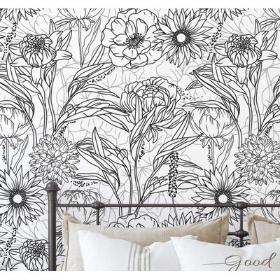 Papel de Parede Vinílico Autoadesivo, Estampa Floral Grande em Contorno, Impermeável, Preto - para Quartos, Ambientes e Armários - S4Sassy 63,5 cm (L) × 152,4 cm (C) / Preto - Vinil Liso