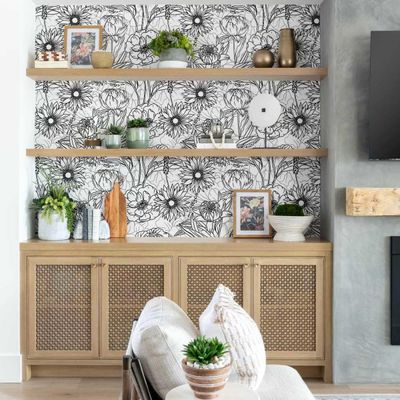 Papel de Parede Vinílico Autoadesivo, Estampa Floral Grande em Contorno, Impermeável, Preto - para Quartos, Ambientes e Armários - S4Sassy 63,5 cm (L) × 152,4 cm (C) / Preto - Vinil Liso