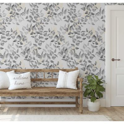 Vinil Autoadesivo Removível, Folhas em Aquarela Chic, Impermeável - Cinza, para Quartos, Salas, Espaços de Locação e Armários - S4Sassy 63,5 cm (L) × 304,8 cm (C) / Cinza - Vinil Texturizado