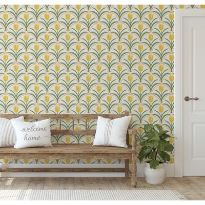 Papel de Parede Vinílico Autoadesivo Impermeável, Estampa Arco Tulipas Chic - Amarelo, para Quartos, Locais de Aluguel e Armários - S4Sassy 63,5 cm (L) × 304,8 cm (C) / Amarelo - Vinil Liso