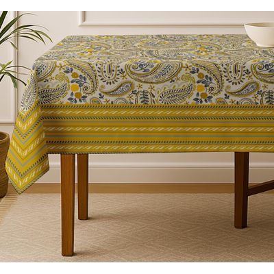 Toalha de Mesa Estampa Paisley, Sarja de Algodão Ocre, Mesa 4 Lugares, Lavável à Máquina, Guardanapos/Caminhos Disponíveis - Vargottam 152,4 Cm × 152,4 Cm – Quadrado / Amarelo