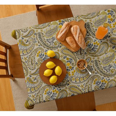 Toalha de Mesa Estampa Paisley, Sarja de Algodão Ocre, Mesa 4 Lugares, Lavável à Máquina, Guardanapos/Caminhos Disponíveis - Vargottam 152,4 Cm × 152,4 Cm – Quadrado / Amarelo