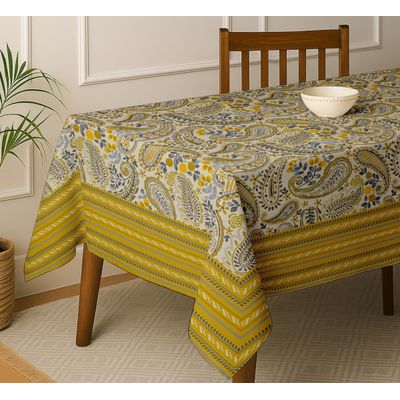 Toalha de Mesa Estampa Paisley, Sarja de Algodão Ocre, Mesa 4 Lugares, Lavável à Máquina, Guardanapos/Caminhos Disponíveis - Vargottam 152,4 Cm × 152,4 Cm – Quadrado / Amarelo