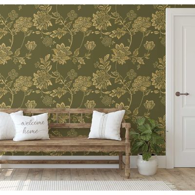 Papel de Parede Floral Vintage Verde, Vinil Autoadesivo, Aplicação DIY Fácil para Quarto Estilo Fazenda, Sala e Armário - S4Sassy 63,5 cm (L) × 152,4 cm (C) / Verde - Vinil Liso