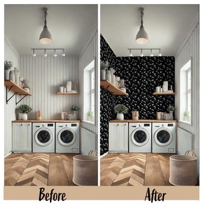 Papel de Parede Autocolante Vinílico Impermeável, Estampa Floral, Preto, Removível, Ideal para Inquilinos, Quarto/Sala/Jantar - S4sassy 63,5 cm (L) × 914,4 cm (C) / Preto - Vinil Liso