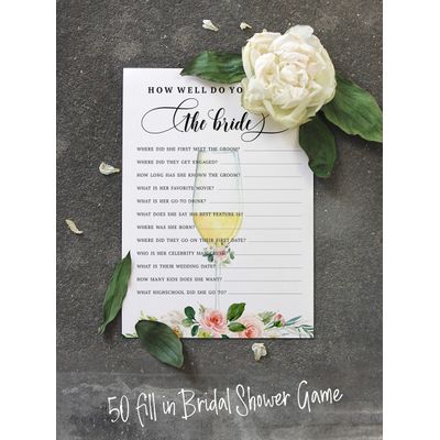 50 Cartões de Jogo Florais para Chá de Noiva e Despedida de Solteira, Quadrados, em Branco, para Preencher, Atacado - Inkdotpot 12,7 Cm × 17,78 Cm / Branco - Quiz da Noiva