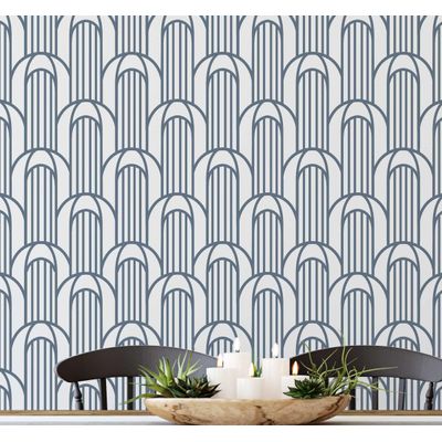 Vinil Autoadesivo Removível Arco Geométrico, Mural Moderno Azul para Quarto, Banheiro, Lavanderia e Closet - S4Sassy 63,5 cm (L) × 152,4 cm (C) / Azul - Vinil Texturizado