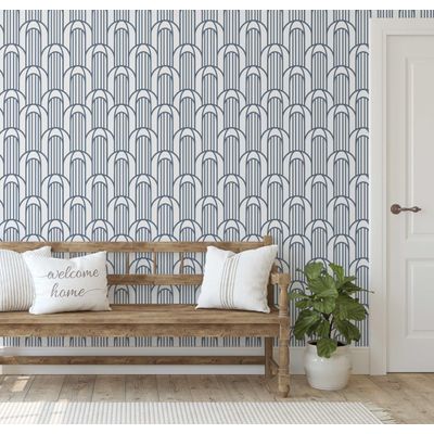 Vinil Autoadesivo Removível Arco Geométrico, Mural Moderno Azul para Quarto, Banheiro, Lavanderia e Closet - S4Sassy 63,5 cm (L) × 152,4 cm (C) / Azul - Vinil Texturizado