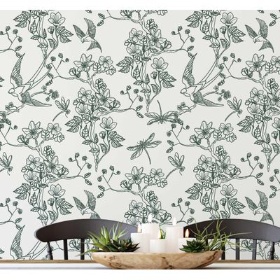 Papel de Parede Autoadesivo Jardim com Pássaros e Libélulas, Verde, Vinil Removível DIY, Papel Contact para Parede de Entrada - S4sassy 63,5 cm (L) × 152,4 cm (C) / Verde - Vinil Liso