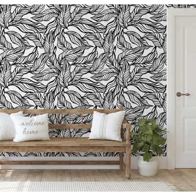 Vinil Autoadesivo Estampa Tropical de Folhas Desenhadas à Mão, à Prova d'água, Preto, Removível para Quartos e Salas - S4Sassy 63,5 cm (L) × 609,6 cm (C) / Preto - Vinil Liso