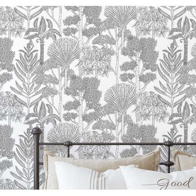 Papel Contato Decorativo Autoadesivo Impermeável Cinza com Árvores Tropicais Esboçadas à Mão Removível para Quarto/Sala de Jantar - S4Sassy 63,5 cm (L) × 152,4 cm (C) / Cinza - Vinil Liso