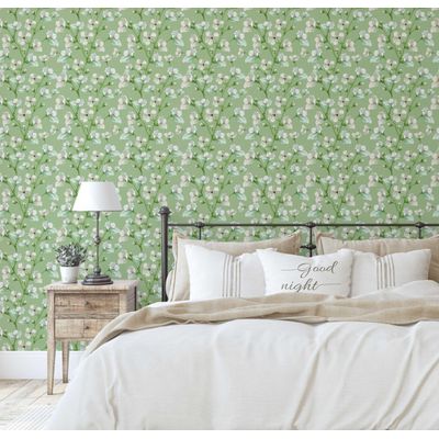 Revestimento Autoadesivo Peel and Stick, Estampa Blossom Bloom - Mural Asiático para Banheiro, Lavanderia e Closet, Vinil Verde - S4Sassy 63,5 cm (L) × 914,4 cm (C) / Verde - Vinil Texturizado