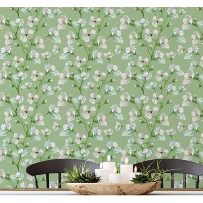 Revestimento Autoadesivo Peel and Stick, Estampa Blossom Bloom - Mural Asiático para Banheiro, Lavanderia e Closet, Vinil Verde - S4Sassy 63,5 cm (L) × 914,4 cm (C) / Verde - Vinil Texturizado