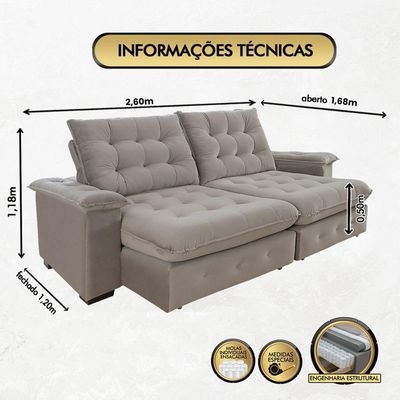 Sofá 4 Lugares Coliseu 2.60m Retrátil E Reclinável Super Pillow - Avelã