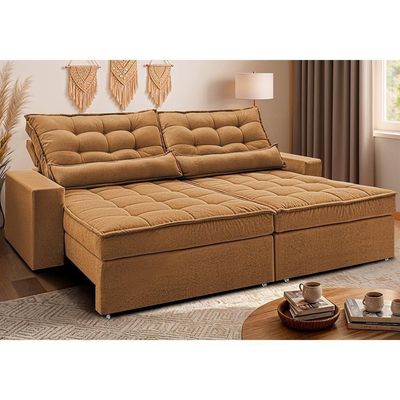 Sofá Retrátil E Reclinável 2,52m Molas Ensacadas Belle. Boucle Cama Inbox Caramelo.