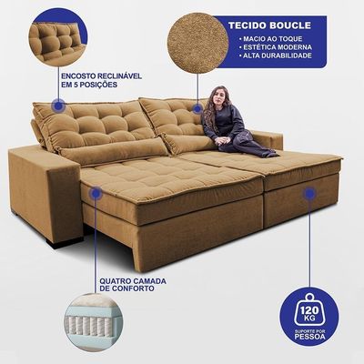 Sofá Retrátil E Reclinável 2,52m Molas Ensacadas Belle. Boucle Cama Inbox Caramelo.