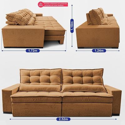 Sofá Retrátil E Reclinável 2,52m Molas Ensacadas Belle. Boucle Cama Inbox Caramelo.