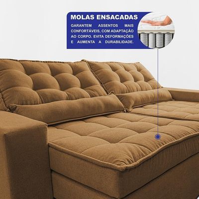 Sofá Retrátil E Reclinável 2,52m Molas Ensacadas Belle. Boucle Cama Inbox Caramelo.