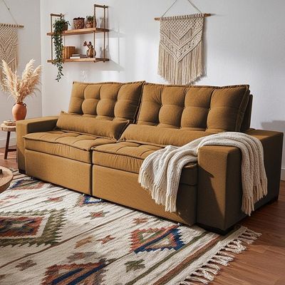 Sofá Retrátil E Reclinável 2,52m Molas Ensacadas Belle. Boucle Cama Inbox Caramelo.