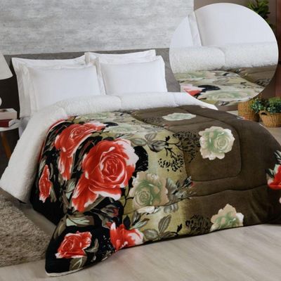 Edredom Coberdrom Sonobom King Sherpa E Manta - Floral Preto - 100% Poliéster