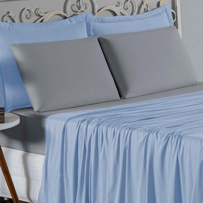 Jogo De Cama Casal Viúva Nobre 4 Peças Malha 100% Algodão - Azul-bebê / Cinza