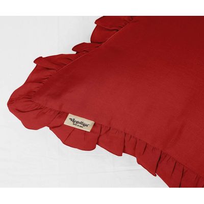 Fronha Decorativa com Babados em Algodão Shabby Chic Estilo Farmhouse - Vargottam 66 Cm × 66 Cm / Vermelho