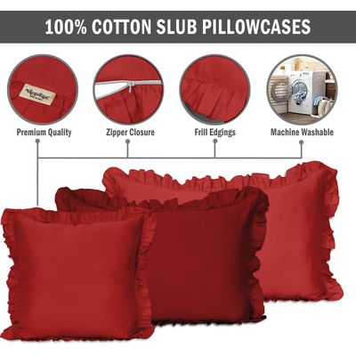 Fronha Decorativa com Babados em Algodão Shabby Chic Estilo Farmhouse - Vargottam 66 Cm × 66 Cm / Vermelho
