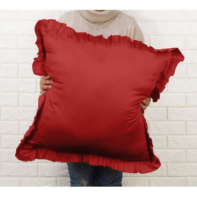 Fronha Decorativa com Babados em Algodão Shabby Chic Estilo Farmhouse - Vargottam 66 Cm × 66 Cm / Vermelho
