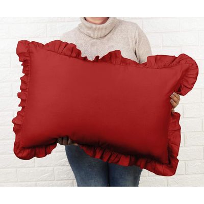 Fronha Decorativa com Babados em Algodão Shabby Chic Estilo Farmhouse - Vargottam 66 Cm × 66 Cm / Vermelho
