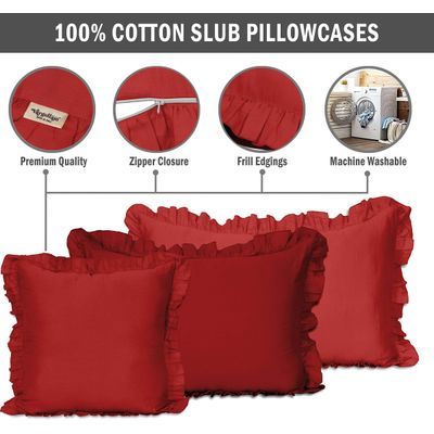 Fronha Decorativa com Babados em Algodão Shabby Chic Estilo Farmhouse - Vargottam 66 Cm × 66 Cm / Vermelho