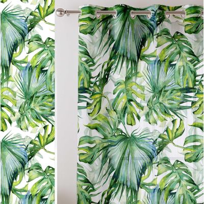Cortinas Extra Longas Estampa Folhas Tropicais Verdes para Janelas/Portas de Altura Dupla, 2 Painéis, Ilhós, Georgette Filtrante - Vargottam 106,68 Cm (L) × 228,6 Cm (C) / Verde