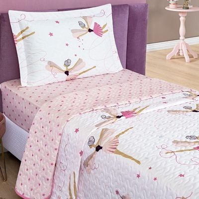 Enxoval Kit Colcha + Jogo De Cama Lençol Bouti Solteiro Infantil Kids 4 Peças 100% Poliéster - Bailarina