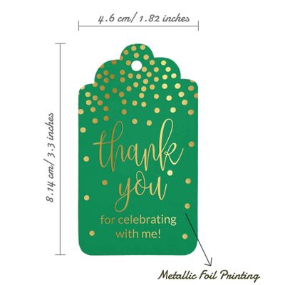 Tags de Papel 'Obrigado por Celebrar Comigo' para Lembrancinha de Aniversário, Tags para Pendurar com Foil - Inkdotpot 100 Etiquetas Metalizadas / Verde - Dourado