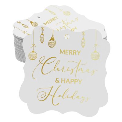 Etiquetas Penduradas para Lembrancinha em Formato de Colchete com Texto 'Merry Christmas & Happy' em Foil - Inkdotpot 100 Etiquetas Metalizadas / Branco - Dourado