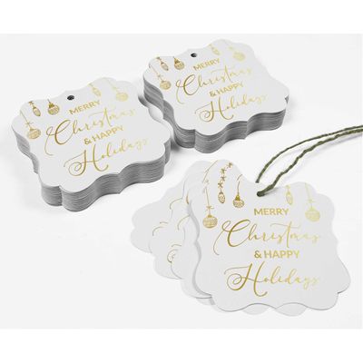 Etiquetas Penduradas para Lembrancinha em Formato de Colchete com Texto 'Merry Christmas & Happy' em Foil - Inkdotpot 100 Etiquetas Metalizadas / Branco - Dourado