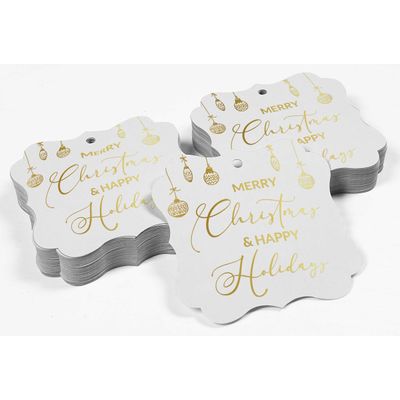 Etiquetas Penduradas para Lembrancinha em Formato de Colchete com Texto 'Merry Christmas & Happy' em Foil - Inkdotpot 100 Etiquetas Metalizadas / Branco - Dourado