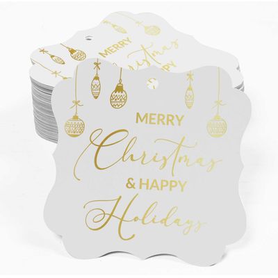 Etiquetas Penduradas para Lembrancinha em Formato de Colchete com Texto 'Merry Christmas & Happy' em Foil - Inkdotpot 100 Etiquetas Metalizadas / Branco - Dourado