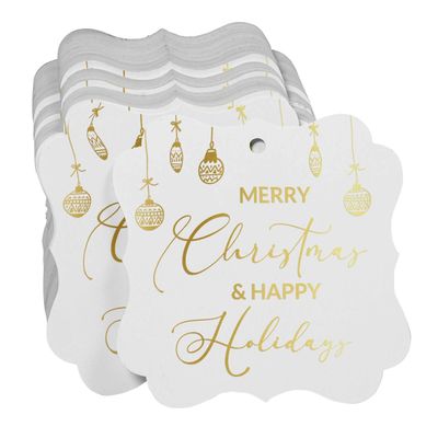 Etiquetas Penduradas para Lembrancinha em Formato de Colchete com Texto 'Merry Christmas & Happy' em Foil - Inkdotpot 100 Etiquetas Metalizadas / Branco - Dourado