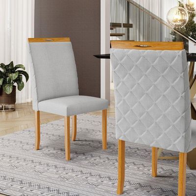 Kit Com 2 Cadeiras Agnes Madeira Maciça Estofadas Para Mesa De Jantar Linho Cinza 407