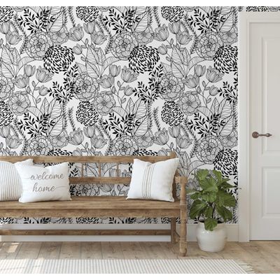Papel de Parede Autoadesivo Removível Jardim Floral Preto, Mural Instantâneo para Quarto, Banheiro, Lavanderia e Closet - S4Sassy 63,5 cm (L) × 152,4 cm (C) / Preto - Vinil Texturizado