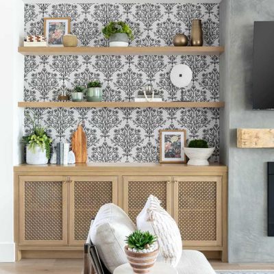 Papel de Parede Contorno Floral, Vinílico Autoadesivo para Paredes Pretas, Revestimento Decorativo Fácil DIY para Quarto e Sala - S4Sassy 63,5 cm (L) × 304,8 cm (C) / Preto - Vinil Liso