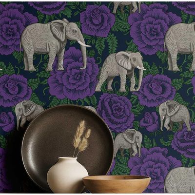 Elefante com Rosa Papel de Parede Estilo Asiático, Vinil Autoadesivo Decorativo, Instalação DIY Fácil para Quarto e Sala — Roxo - S4Sassy 63,5 cm (L) × 609,6 cm (C) / Roxo - Vinil Liso