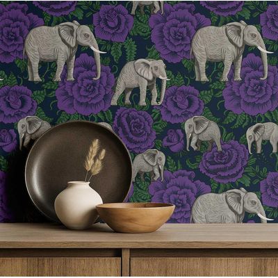 Elefante com Rosa Papel de Parede Estilo Asiático, Vinil Autoadesivo Decorativo, Instalação DIY Fácil para Quarto e Sala — Roxo - S4Sassy 63,5 cm (L) × 609,6 cm (C) / Roxo - Vinil Liso