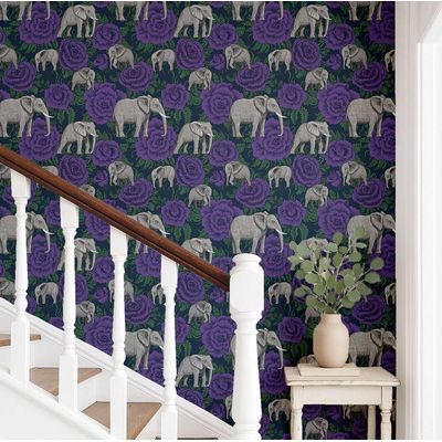 Elefante com Rosa Papel de Parede Estilo Asiático, Vinil Autoadesivo Decorativo, Instalação DIY Fácil para Quarto e Sala — Roxo - S4Sassy 63,5 cm (L) × 609,6 cm (C) / Roxo - Vinil Liso
